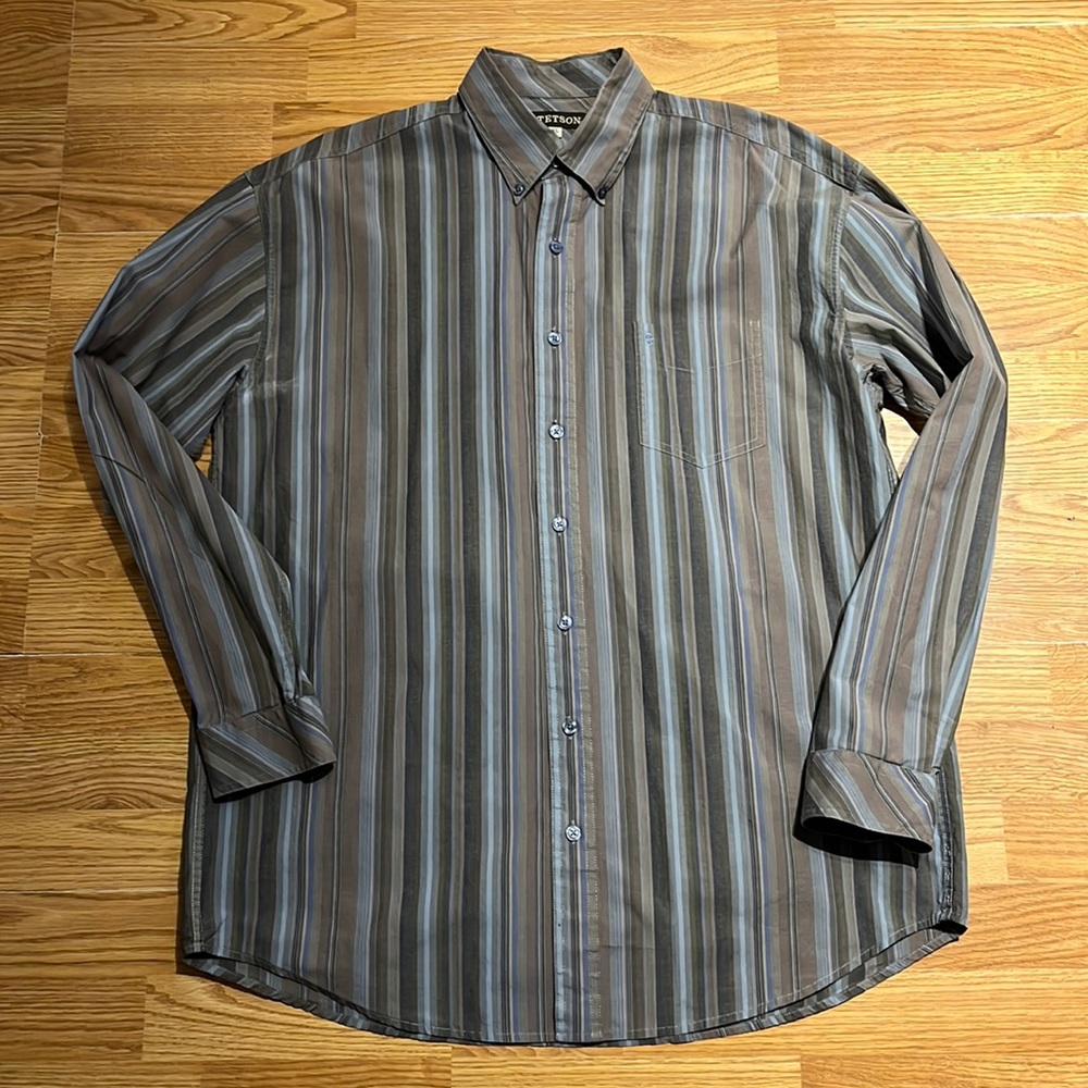 Stetson Dress Shirt Men XL Tan Blue Olive Gray Striped Button Down